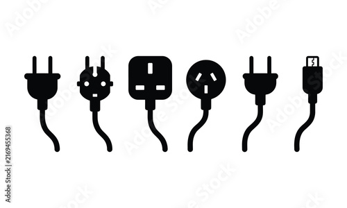 Various electrical plugs in silhouette against a clean white backdrop signifying universal connectivity