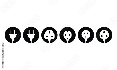 Various electrical plugs in silhouette against a clean white background representing global connectivity and power solutions. Isolated on white background