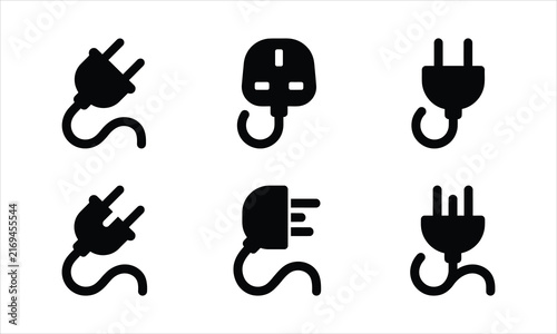 Various electrical power plugs in silhouette against a white background representing connectivity and energy isolated on white background