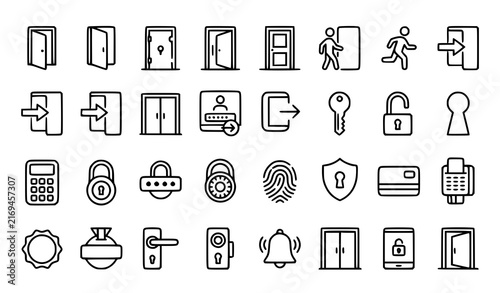 Access Control and Smart Lock Icon Set with Door, Key, Fingerprint, Keypad and Security Handle Vector Illustration
