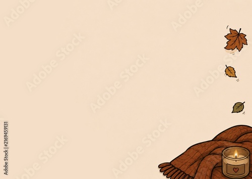 Minimal hand-drawn autumn background featuring a warm knitted blanket and candle arranged in the lower-right corner, with a few gently falling autumn leaves along the side. The large open space create
