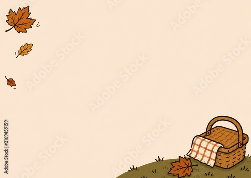 Minimal hand-drawn autumn background featuring a rustic picnic basket with a checked blanket on a grassy corner, accented by a few falling autumn leaves. Large clean copy space creates a versatile