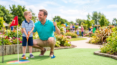 Father and son playing mini golf together as family bonding and outdoor leisure activity