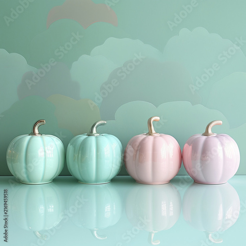 Square studio stock image of a charming collection of pastel-colored ceramic pumpkins displayed in a row on a pink table with a smooth mint green wall behind. ÐÐ¾Ð»Ð½ÑÐ¹ Ð¿ÑÐ¾Ð¼Ð¿Ñ: Square