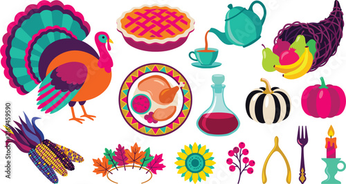 Фотография Thanksgiving Vector Element Set with Colorful Turkey Pie Cornucopia Roasted Chic