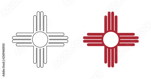 Zia black contour, red symbols set. New Mexico state flat logo black, red outline layouts. Ancient native Americans simple silhouette sign icon, sticker, badge.