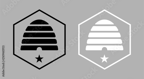 Set of outline white, black hexagon containing beehive above five pointed star. Symbols silhouette from Flag of U.S State Utah sticker, badge, button.