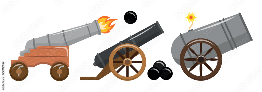 Obraz premium Set of vintage artillery weapons in cartoon style.Vector illustration side view of military guns: ship, field on wheels, fire coming from the barrel, bunch of cannonballs isolated on white background.