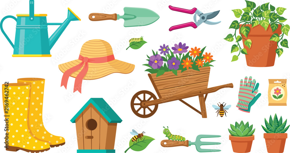 Fototapeta premium Gardening Tool Vector Set with Wheelbarrow Flower Watering Can Boot Plant Pot and Backyard Design Elements,