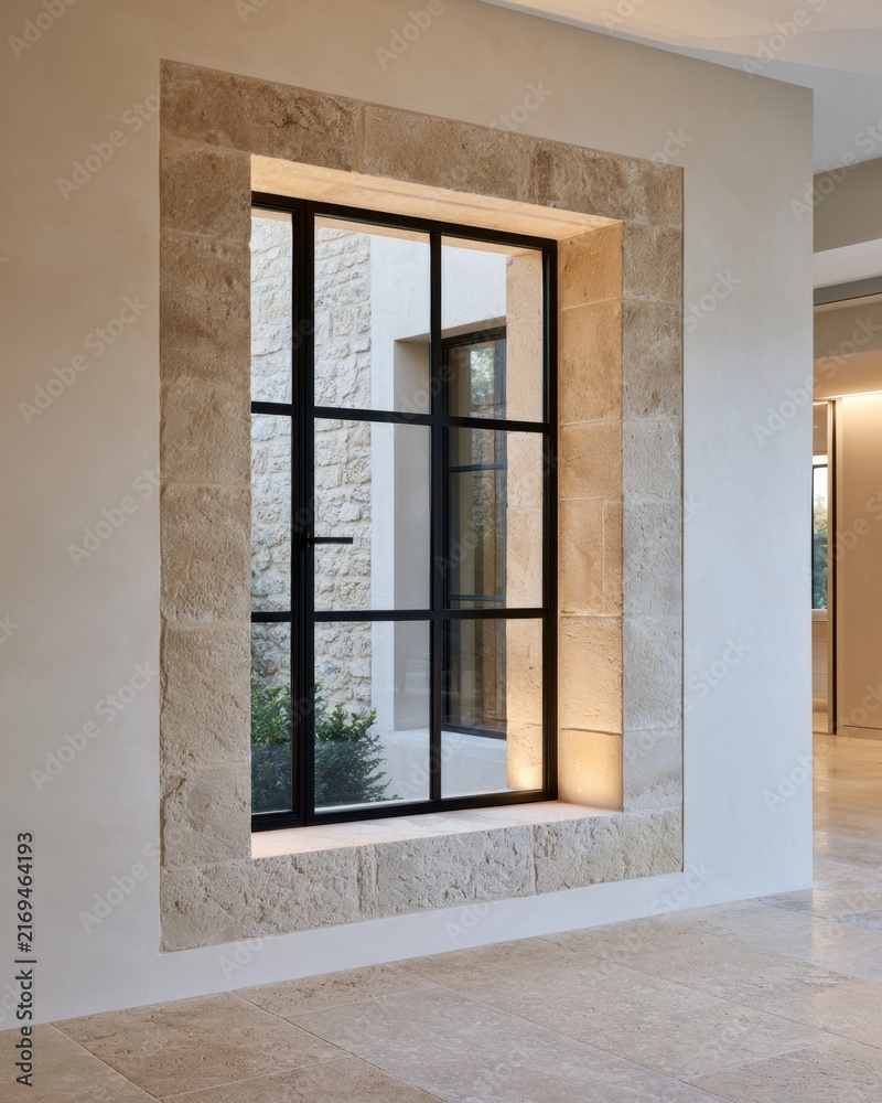 Obraz premium Large stone window with black grid frame and recessed lighting for contemporary interior architecture background and design presentations