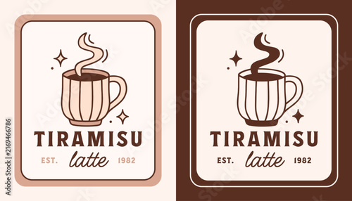 Tiramisu latte label logo for specialty coffee with cocoa mascarpone cream bakery flavor tag sticker packaging design. Hot milk foam drink mug homemade aesthetic warm cup drawing cozy fall cafe print.