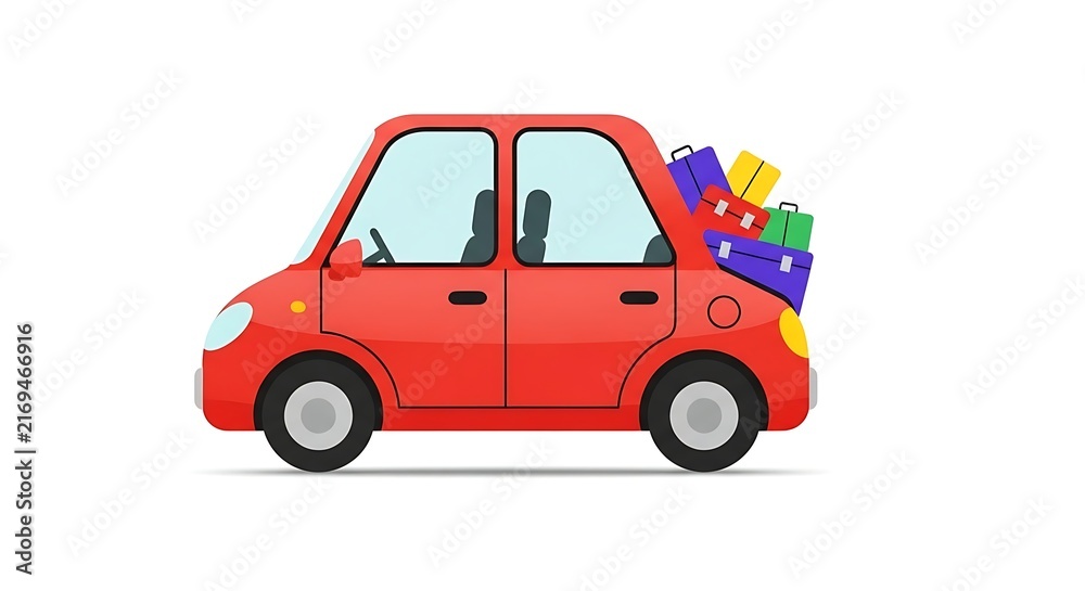 Fototapeta premium Red Cartoon car trunk packed with colorful luggage for travel