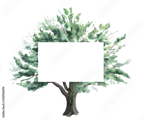 A watercolor illustration of a spreading oak tree with a rectangular frame in the center. Perfect for invitations, cards, children's books, eco-themed designs, banners, and restaurant menus.