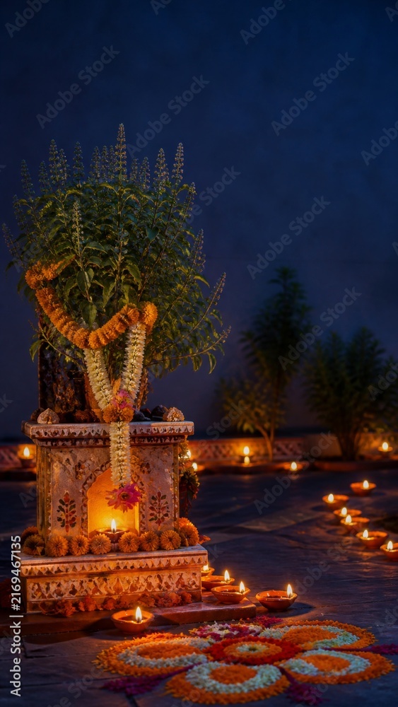 Fototapeta premium Vertical Tulsi Vivah altar decorated with flowers at golden hour