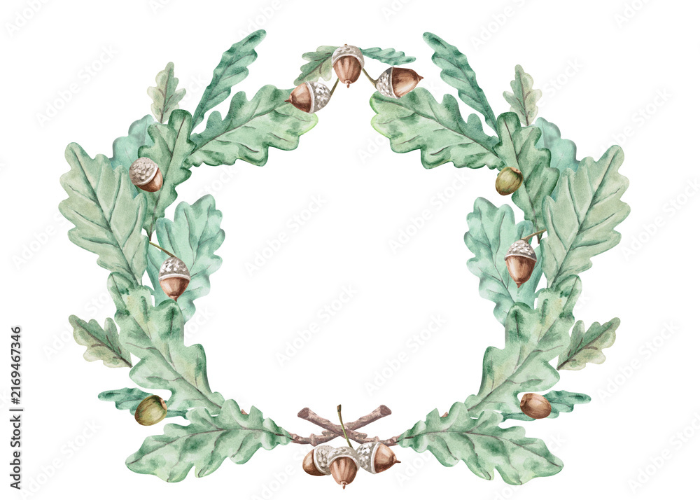 Fototapeta premium An oval wreath of oak leaves and acorns. Suitable for creating greeting cards, seasonal decor, themed websites, and label designs for natural cosmetics and bath accessories.