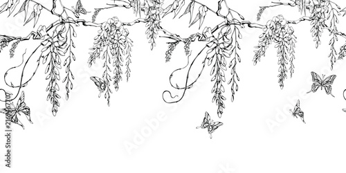 Cascading wisteria drooping blossoms and foliage, exotic butterflies hovering. Isolated illustration hand drawn in vector ink. Marketing materials, invitations, web design, packaging, decorative trims