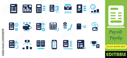 Payroll and payslip processing icon set. Gross to net calculation, timesheet hours, statutory deduction and salary disbursement solid glyph vector symbols
