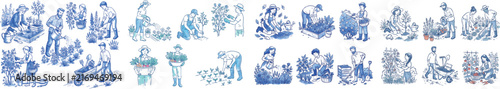 Blue line art illustrations of gardeners performing various outdoor tasks  vector watercolor style isolated on white