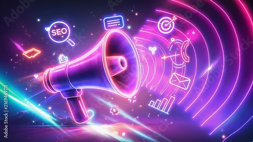 Digital marketing megaphone with neon icons representing online promotion and advertising