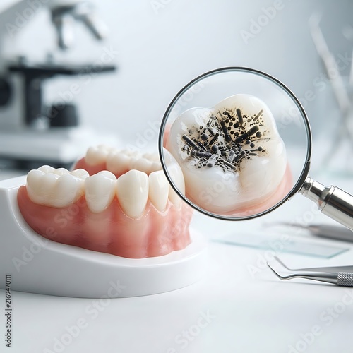 Dental model of teeth with decay under a magnifying glass in a laboratory setting
