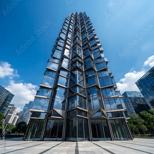 Modern skyscraper with geometric glass facade and sharp architectural angles, rising against a clear blue sky in a contemporary urban business district