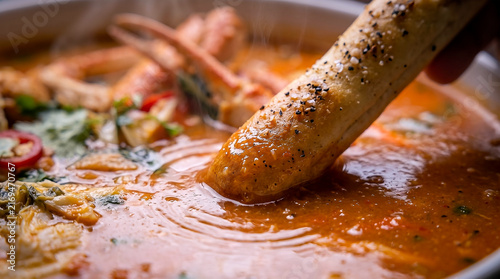 Enjoy a delicious crab soup day with a steaming bowl of spicy seafood bisque featuring fresh crab legs and a savory seasoned breadstick for dipping