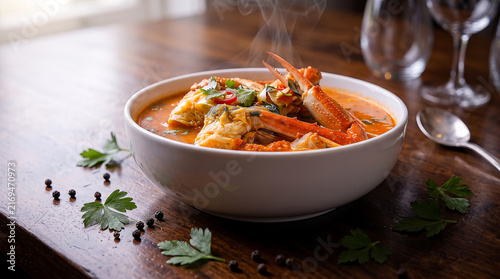 Delicious seafood crab soup day celebration featuring fresh crab legs in a spicy orange broth served in a white bowl on a rustic wooden table background