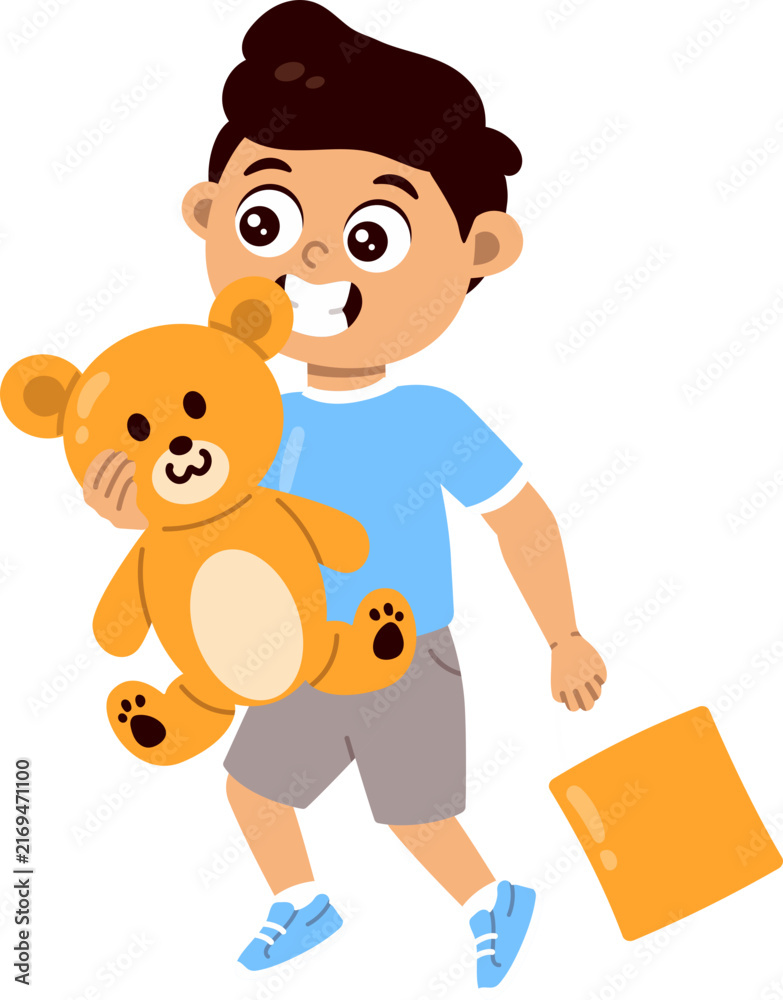 Fototapeta premium Happy Boy Carrying a Giant Teddy Bear Carnival Prize
