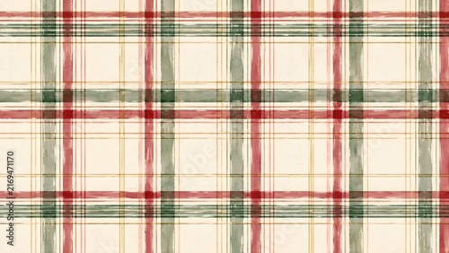 Seamless watercolor plaid pattern with red and green stripes on a cream background