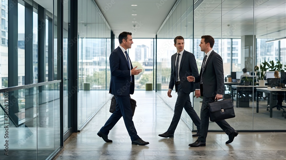 Fototapeta premium Three professional businessmen in suits walking and talking in office hallway