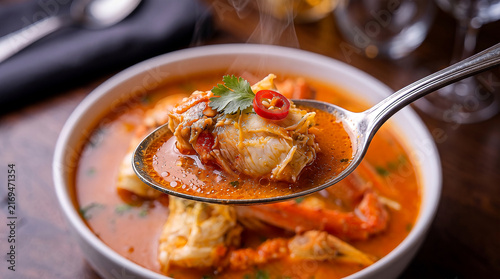 Celebrate international crab soup day with a steaming bowl of spicy seafood bouillabaisse served fresh with a spoon of delicious hot crab claw meat