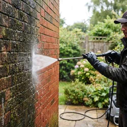 Professional pressure washing a dirty brick wall in a garden setting, removing moss and grime with a highpressure water jet cleaner