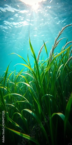 Sunlight Streaming Through Green Aquatic Grass Underwater