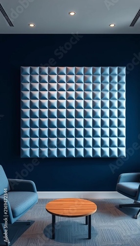 Modern Lounge Interior with Geometric Wall Panel and Blue Chairs