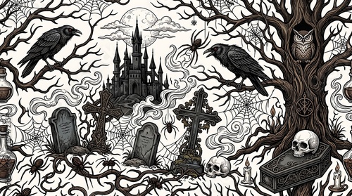 Gothic Spooky Graveyard Seamless Background Illustration with Raven Owl Castle and Skulls for Dark Halloween Pattern