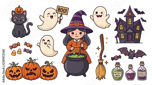 Kawaii Halloween Clipart Set with Cute Little Witch Ghosts Black Cat Haunted House for Spooky Festive Graphic Designs