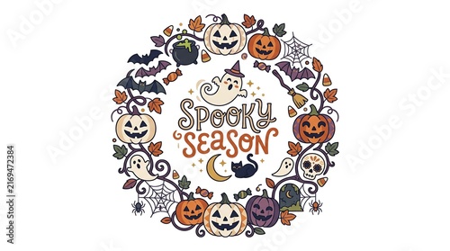 Spooky Season Halloween Wreath Illustration with Cute Ghosts Jack-o-lanterns Bats and Autumn Leaves for Festive Cards