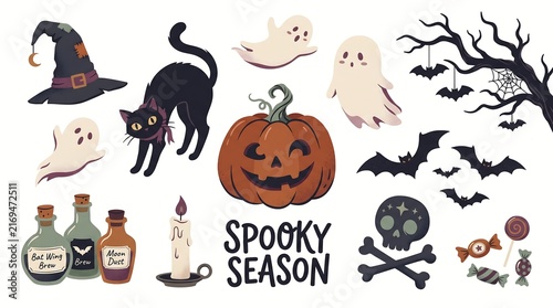 Halloween Spooky Season Elements Set with Black Cat Pumpkin Ghost and Witch Hat Flat Illustration for Festive Decor