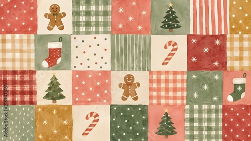 Seamless christmas patchwork pattern with gingerbread men, stockings, candy canes, and festive trees in watercolor style