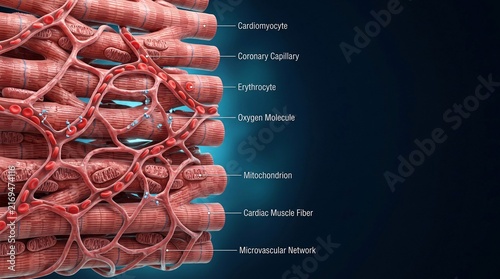 3D medical illustration of cardiac muscle fibers with coronary capillaries and oxygen molecules