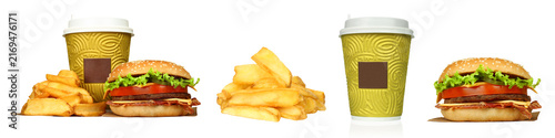 Set of fast food elements for creating custom mini compositions, isolated on transparent background. High quality food photography for restaurant menus, advertising, delivery and food design