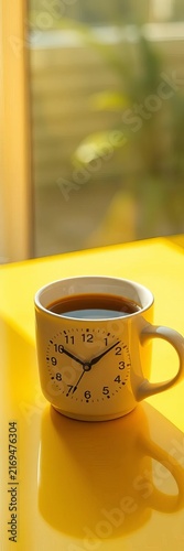 Coffee Mug with Clock Face on Bright Yellow Table