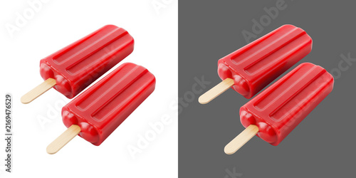 Canvas Print Two red fruit flavored popsicles on wooden sticks for summer refreshment
