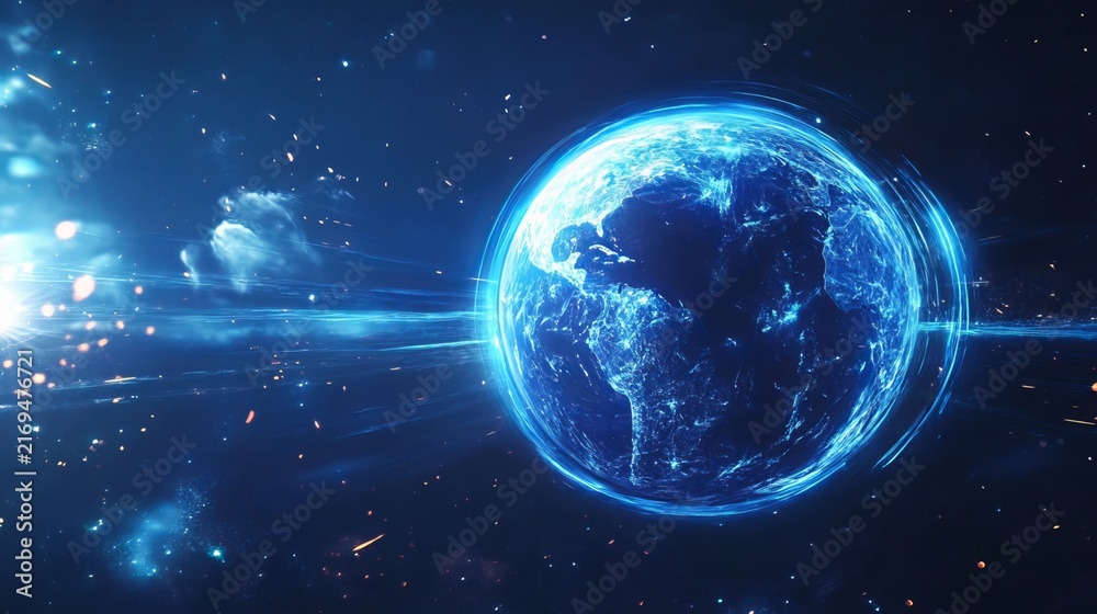 Fototapeta premium Vivid Earth orb glows with brilliant blue energy, encircled by radiant light trails against a dark cosmic backdrop, representing global connectivity and future technology