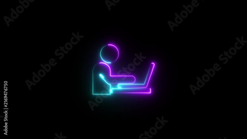 The blinking neon light of stick figure using smartphone in restroom icon in the black background.
