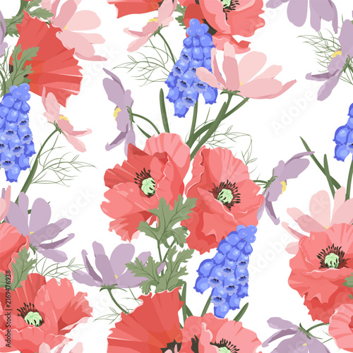Delicate poppies, hyacinths, and cosme combine to create a stunning vector illustration that would be perfect for decorating textiles or packaging.