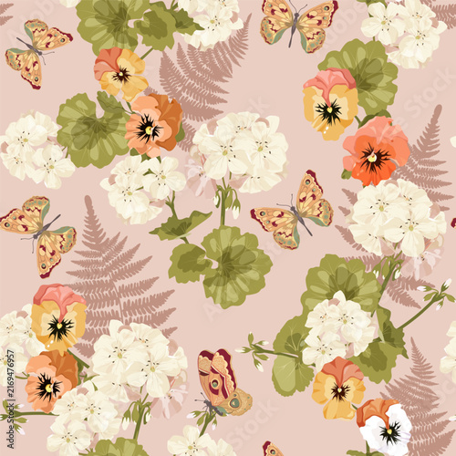 Seamless vector illustration featuring pansies, pelargonium flowers and butterflies. Suitable for use in textiles, packaging, and paper.