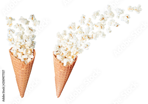 Set of Creative composition of a waffle cone filled with popcorn spilling out, isolated on transparent background. Perfect for snack concepts, food photography, and creative culinary designs