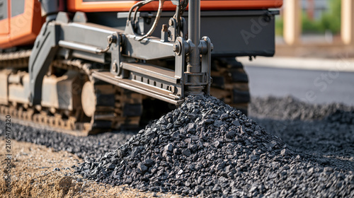 Close view of an asphalt paver auger spreading dark coarse material across a city road, bright daylight, clean machinery details and fresh pavement forming behind the equipment, road