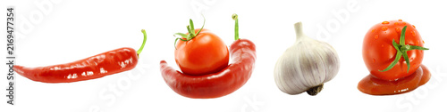 Set of spicy vegetables including red pepper, tomato with chili pepper, garlic and tomato in ketchup isolated on transparent background. Food photography collection